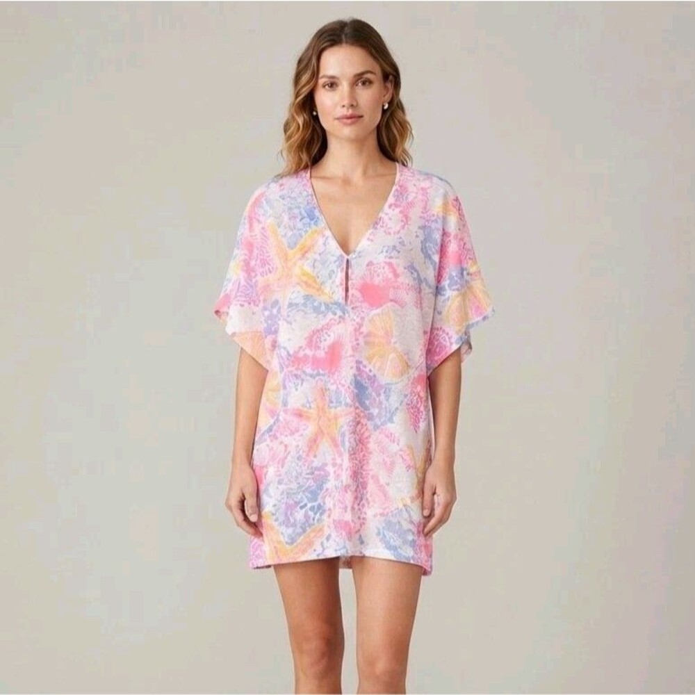 Lilly Pulitzer Shell Pattern Linen Tunic Beach Vacation Cover Up Medium Resort